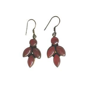 Vintage Marquise Cut Burgundy Red Amber Dangle Earrings Sterling Silver 925 Hook